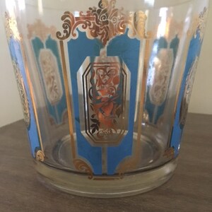 Vintage Culver Glass Ice Bucket 22k Gold and Teal Cartouche Design image 2