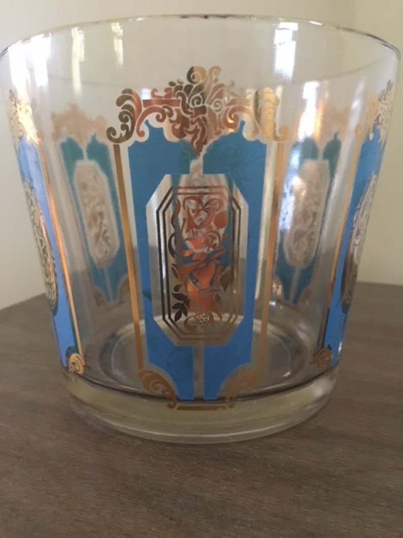 Vintage Culver Glass Ice Bucket 22k Gold and Teal Cartouche Design image 2