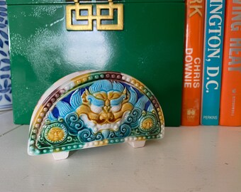 Vintage Chinese Food Dog Lion Desk Accessory Letter Holder Napkin Holder