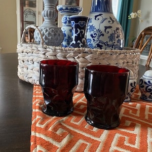 Vintage Anchor Hocking Georgian Honeycomb Dark Ruby Red Juice Glass Set of 2 | Mid Century Modern Barware Drinkware