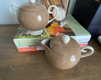 Vintage Tan & White Cream and Sugar Bowl Set With Lid Ceramic Coffee Tea Set