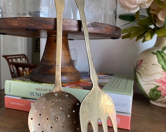 Vintage Brass Serving Spoon and Fork Set: Mid Century Kitchen Utensils