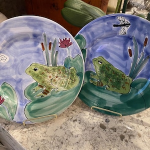 Vintage Mesa International Frog Plates - Set of 2 - Hand-painted Hungary Pond Scene Redware Pottery Whimsical Cottagecore