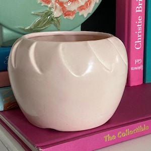 May include: A small, round, pale pink ceramic planter or bowl with a smooth finish and subtle, vertical indentations around the upper rim, creating a petal-like appearance. The object has a wide opening and a curved, bulbous body shape.
