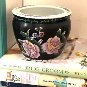 Jardinière vintage en céramique de la famille Noire - Cache-pot bocal à poisson en chinois rose noir
