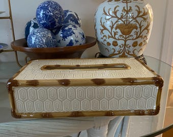 Vintage Quon Quon Co Japan Ceramic Tissue Box Cover, Hollywood Regency Faux Bamboo Honeycomb Lattice Vanity Decor 1970s MCM Boho Chinoiserie
