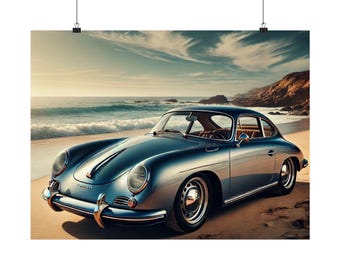 Vintage Porsche Poster Coastal Wall Art Classic Car Print 24x18 Horizontal Retro Beach Decor