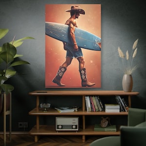Urban Cowboy Surfer Art Print: Western Beach Home Decor