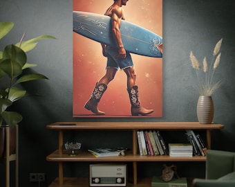 Stampa artistica "Urban Cowboy Surfer": arredamento per la casa in stile western e da spiaggia.