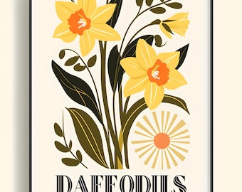 Impresión artística del mercado de flores de narcisos: decoración de pared botánica primaveral