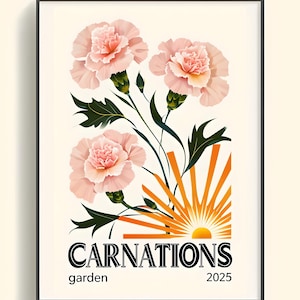 Flower Market Poster, Carnation Art Print, Pink Carnation Photo, January Flower Print, Carnation Wall Art, Botanical Decor