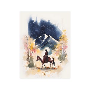 Mulher nativa americana cavalo arte em branco aquarela notecard paisagem de montanha ocidental papelaria floresta de outono cartão de felicitações