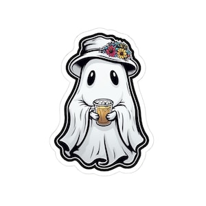 Cute Ghost Sticker with Coffee Aesthetic Kiss-Cut Vinyl Sticker Waterproof Ghost Decal for Laptops, Water Bottles & Journals