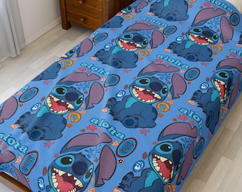 Manta de felpa de terciopelo con estampado Aloha de Stitch / Dibujos tropicales azules