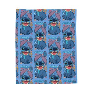 Manta de felpa de terciopelo con estampado Aloha de Stitch / Dibujos tropicales azules imagen 2