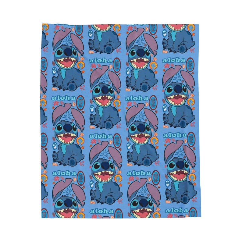 Manta de felpa de terciopelo con estampado Aloha de Stitch / Dibujos tropicales azules imagen 2