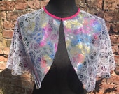 Festival Cape. Rave Cape. Bikini Cape. Festival Clothing. Rainbow Metallic Sugar Skulls on White.