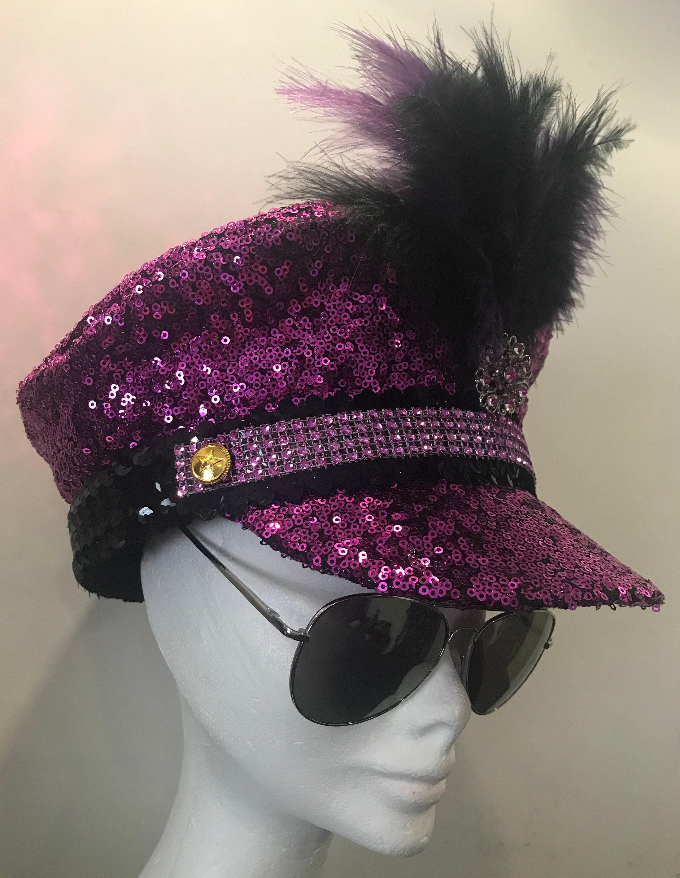 thumbnail image 2 of GRACEART Music Festival Burning Man Hat Sequin Military Captain Top Hat Adults Steampunk Headwear Cap With Goggles (Black-2 2 of 12