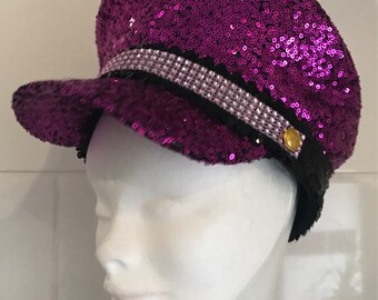 Hot Pink Sequin Festival Hat with Black Sequin Band and Light Pink Diamante. Sequin Captain's Hat. XSml Sml Med Lge.