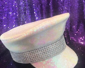 White & Pink Iridescent Sequin Captain's Festival Hat. Hen Do. Wedding. Bride, Groom Hat. Letters Optional XSml Sml Med Lge.