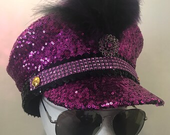 Pink Sequin Military Captain's Festival Hat. Pink Diamante Braid, Diamante Brooch, Black and purple Feather. Sml. Med. Lge.