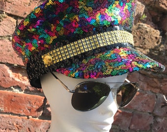 Rainbow Sequin Captain's Festival Hat. Sequin Military Festival Hat. Doof Hat. Lgbt Pride Parade Hat. XSml Sml Med Lge.