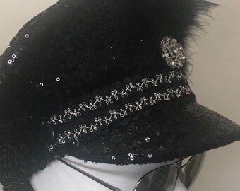 Black Sequin Military Captain's Festival Hat with Black and Silver Braid, Diamante Brooch and Black Feathers. Sml Med Lge.