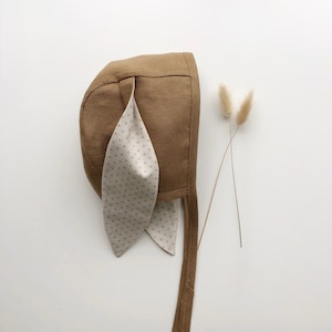Brown linen Easter bunny ear bonnet| spring bonnet, baby girl bonnet, summer bonnet, easter bonnet, bunny bonnet, girl bonnet, sun bonnet