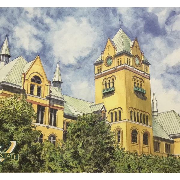 Wayne State University LIMITED EDITION Pen and Ink and Watercolor Art Print Illustration by John Stoeckley