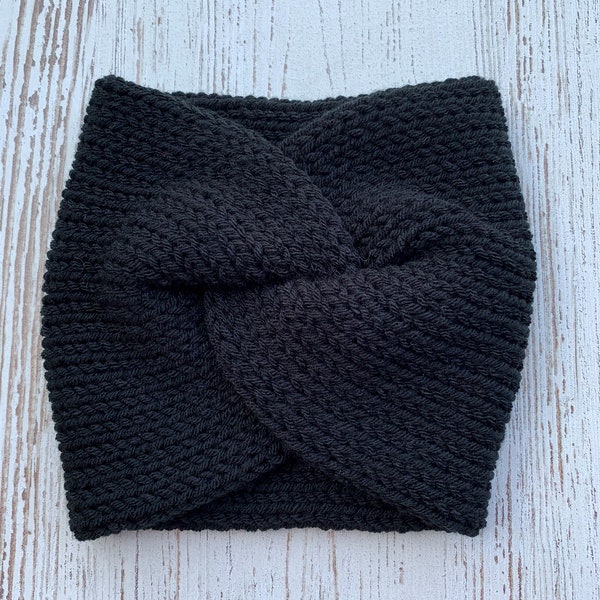 Black Knit Twist Headband, Knit Ear Warmer, Black Ear Warmer, Extra Wide Winter Headband, Turban Twist Ear Warmer, Headband