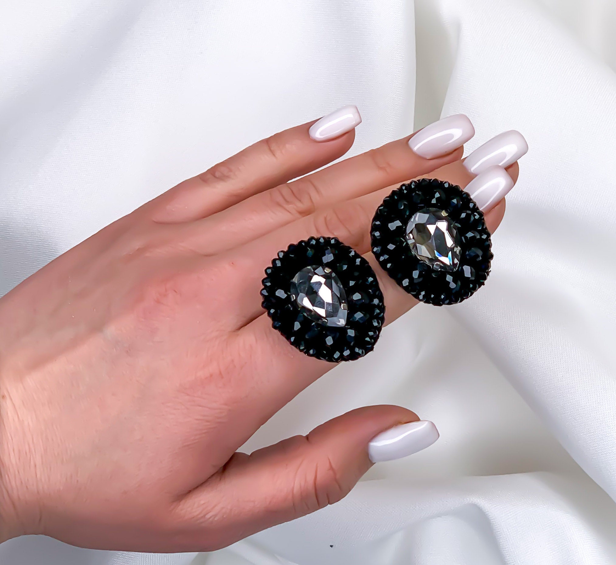 Black Crystal Earrings Studs With Rhinestones Dangle Bohemian Etsy