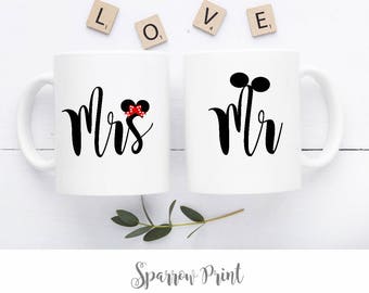 Mr Mrs Mug Set| Wedding Mugs Gift| Bridal Shower Gift| Engagement Gift| Mugs for Disney Fan| WR01