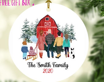 Personalized Family Christmas Ornament| Family Ornament with Red Barn| Family Winter Christmas Ornament| Customized Ornament Christmas Tree