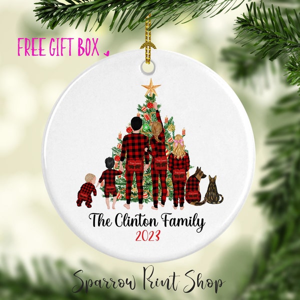 Personalized Family Christmas Ornament 2023| Plaid PJ Christmas Ornament| Customized Ornament for Christmas Tree| Family Ornament with Pet