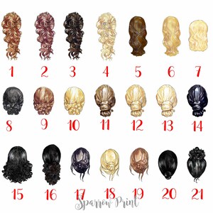 May include: A chart with 21 different hairstyles for women. Each hairstyle is numbered and shown from the back. The hairstyles include braids, buns, ponytails, and curls.