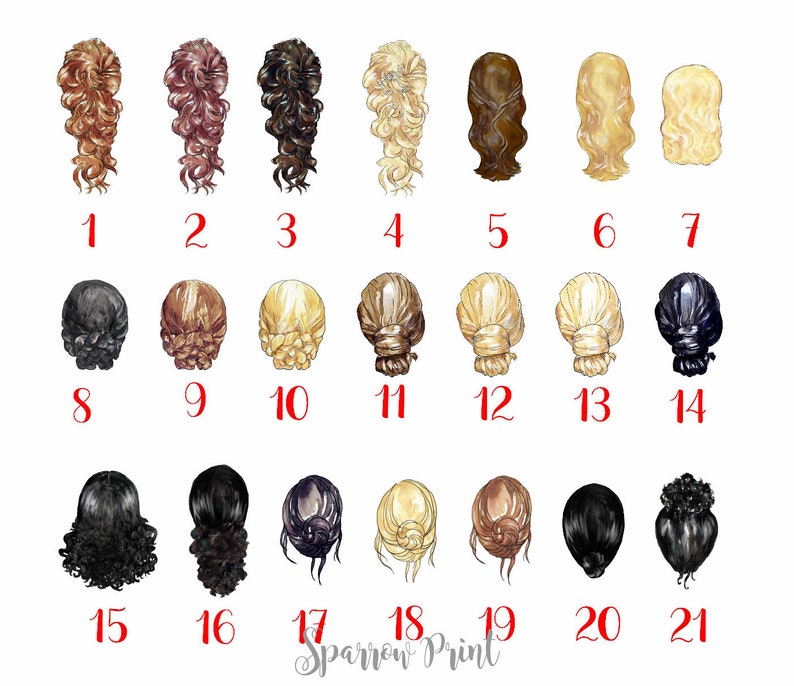 May include: A chart with 21 different hairstyles for women. Each hairstyle is numbered and shown from the back. The hairstyles include braids, buns, ponytails, and curls.