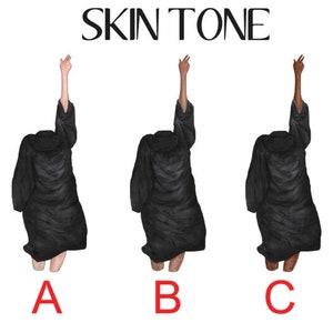 May include: Three illustrations of a person wearing a black graduation gown with different skin tones labeled A, B, and C. The text "SKIN TONE" is at the top of the image.