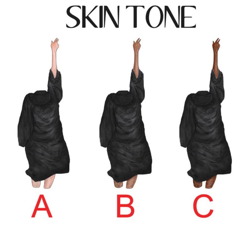 May include: Three illustrations of a person wearing a black graduation gown with different skin tones labeled A, B, and C. The text "SKIN TONE" is at the top of the image.