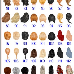 May include: A set of 120 different hair styles for digital art and design. The hair styles are illustrated in a cartoon style and are shown from the back.