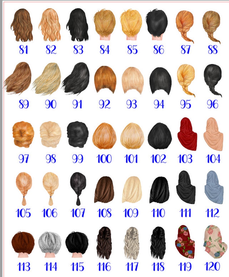 May include: A set of 120 different hair styles for digital art and design. The hair styles are illustrated in a cartoon style and are shown from the back.