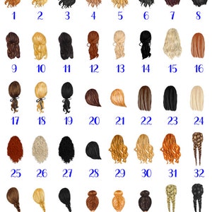 May include: A set of 40 different hairstyles for women, illustrated in a digital painting style. Each hairstyle is numbered from 1 to 40.