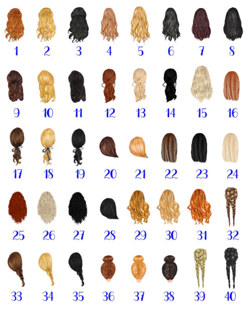 May include: A set of 40 different hairstyles for women, illustrated in a digital painting style. Each hairstyle is numbered from 1 to 40.