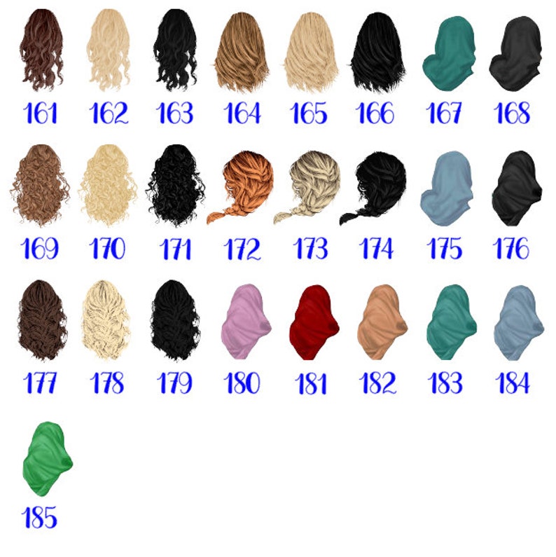 May include: A chart with 185 different hair and clothing options. The options are numbered 161 through 185. The options include different hair colors, styles, and clothing colors.