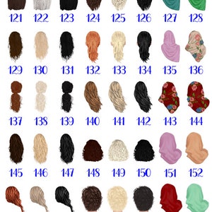 May include: A set of 160 different hair and head styles, including various hairstyles, head coverings, and hair colors. The styles are numbered 121 through 160.