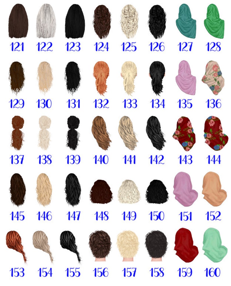 May include: A set of 160 different hair and head styles, including various hairstyles, head coverings, and hair colors. The styles are numbered 121 through 160.