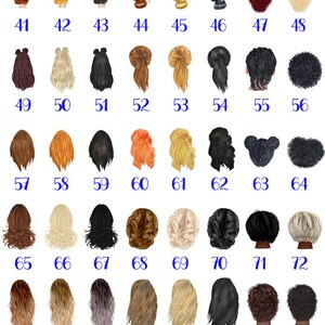 May include: A chart of 80 different hairstyles, each with a different hair color and style. The hairstyles are numbered from 41 to 80.