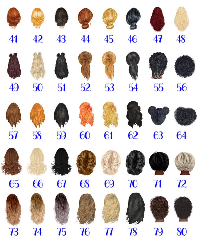 May include: A chart of 80 different hairstyles, each with a different hair color and style. The hairstyles are numbered from 41 to 80.