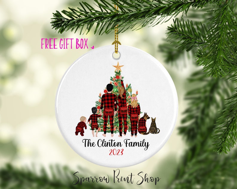 Personalized Family Christmas Ornament 2023 Plaid PJ Christmas Ornament Customized Ornament for Christmas Tree Family Ornament with Pet image 1