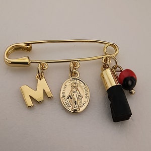 Personalized Baby Safety Pin, Gold-Tone Initial Virgin Medal, Protective Jet Charm Azabache Pin, Newborn Gift, Gold-Tone Baby Safety Pin