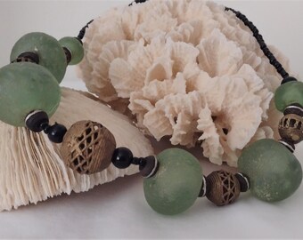 African Green Glass Statement Necklace, Brass Cage Beads, Silver Onyx, Tribal Jewelry
